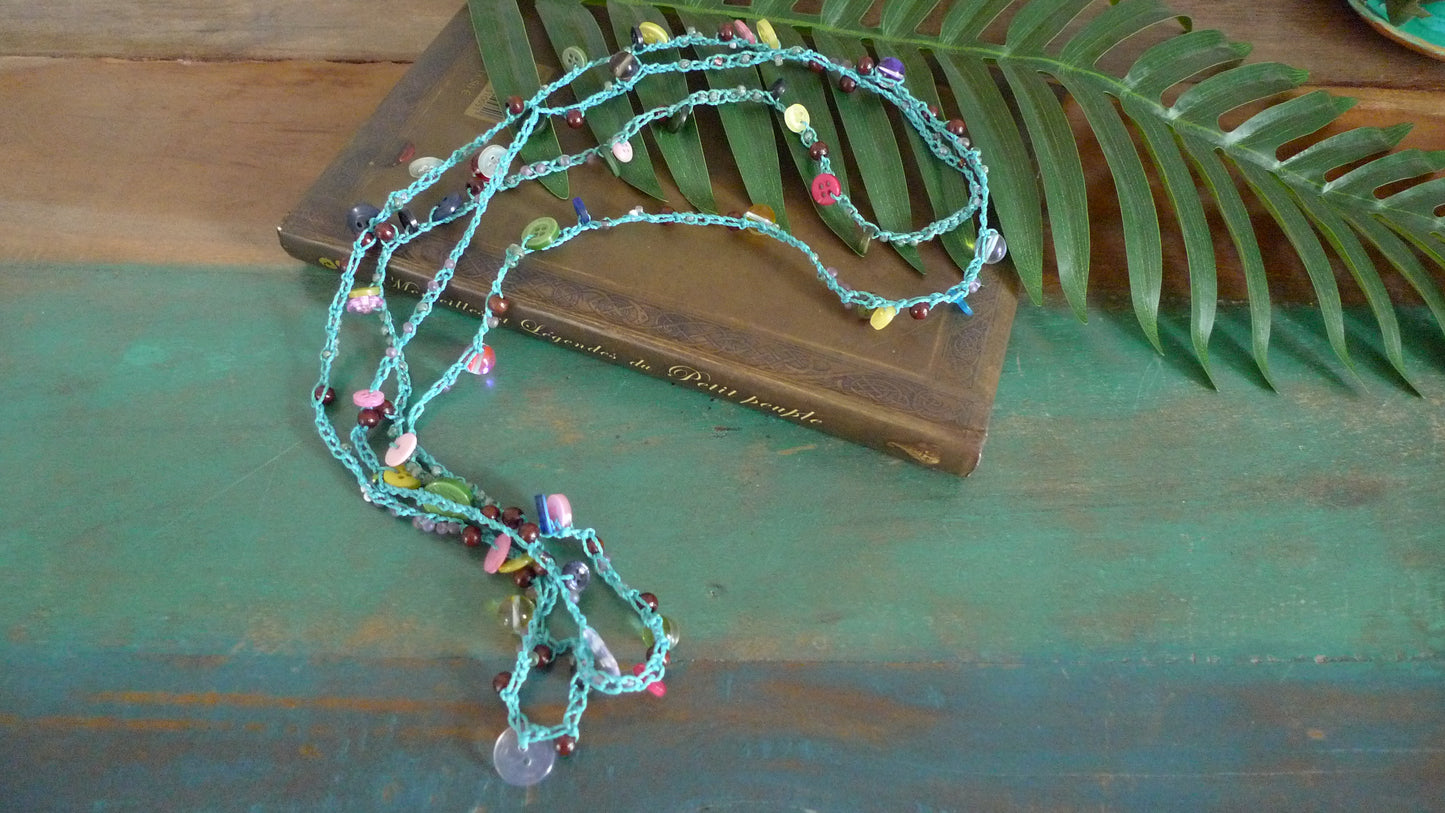Collier crochet Perles et Boutons Turquoise