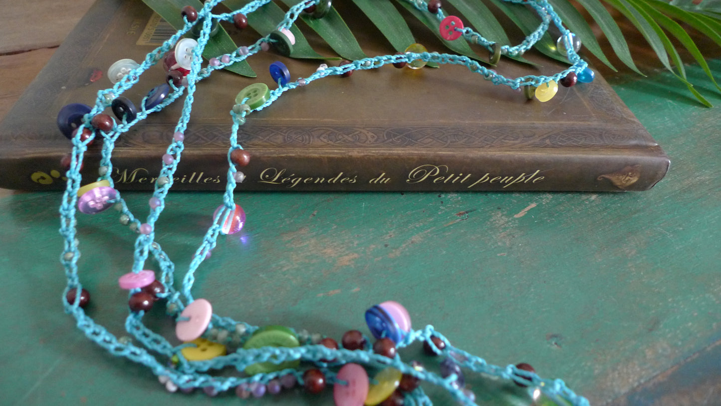 Collier crochet Perles et Boutons Turquoise